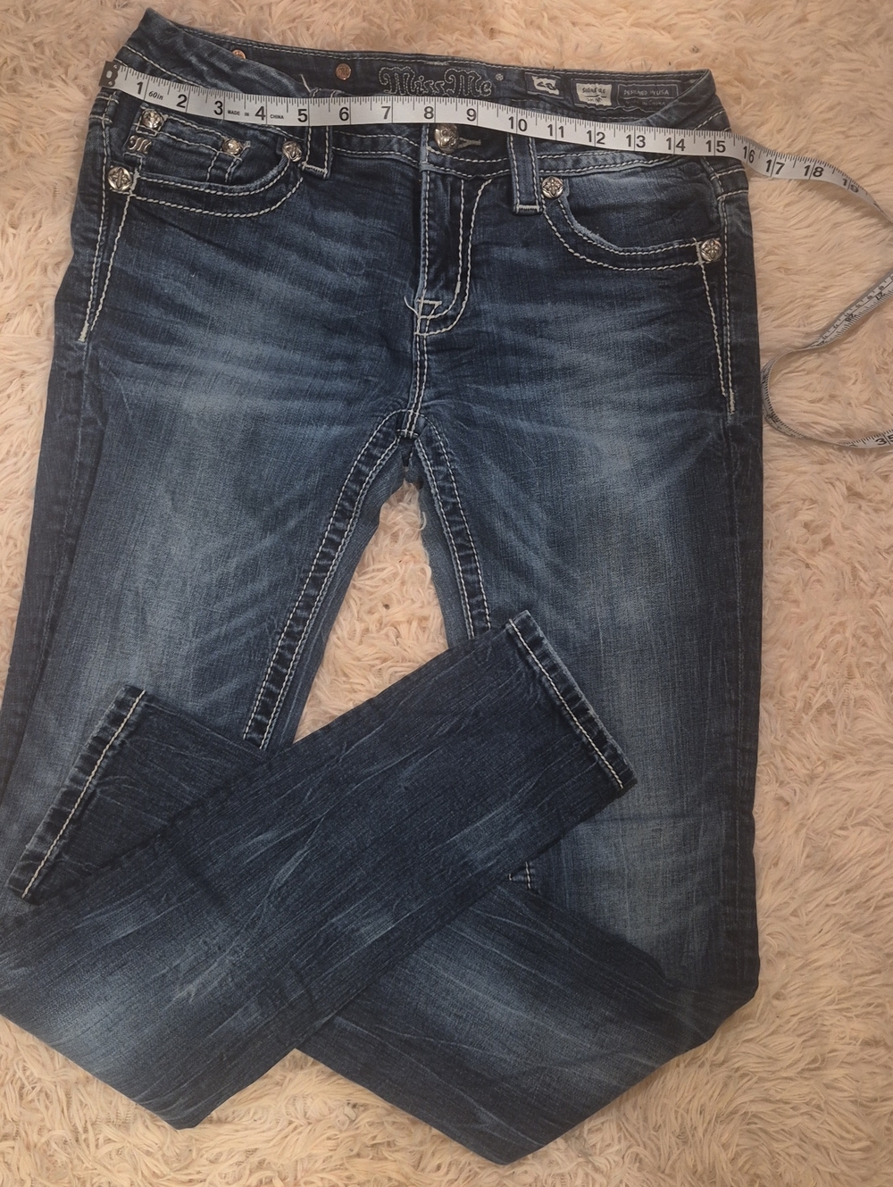 Miss Me Blue Faded Skinny Jeans with Contrast Stitching